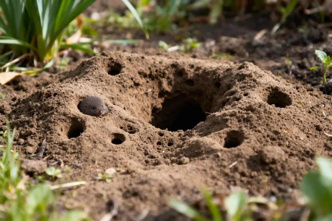 Petit rongeur dans un terrier de terre avec plusieurs trous, entouré de végétation verte.