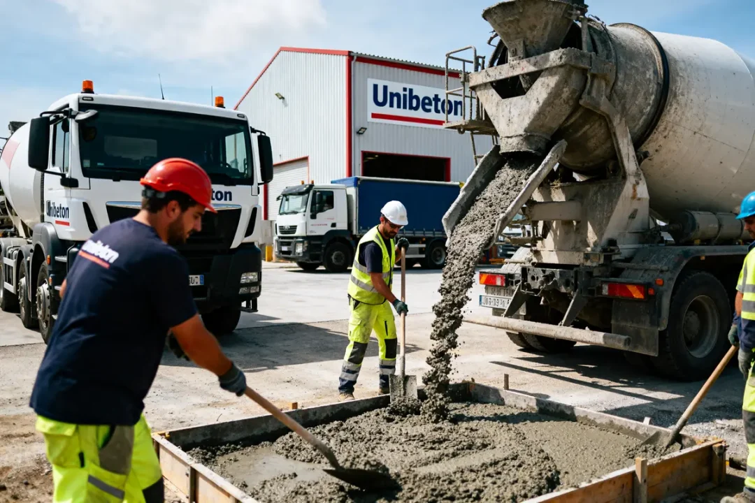 Des ouvriers en construction versent du béton depuis un camion-toupie sur un chantier près d'un bâtiment industriel.