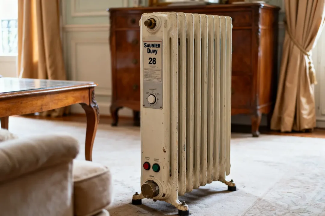 Radiateur Saunier Duval f28 vintage dans un salon classique avec mobilier ancien