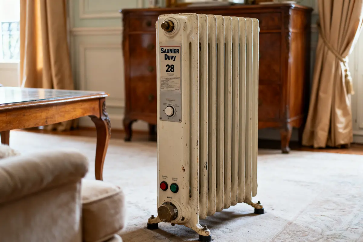 Radiateur Saunier Duval f28 vintage dans un salon classique avec mobilier ancien