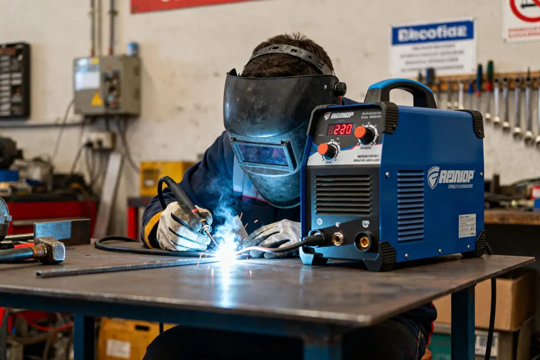Soudeur avec casque utilisant un arc à souder pour travailler sur du métal dans un atelier