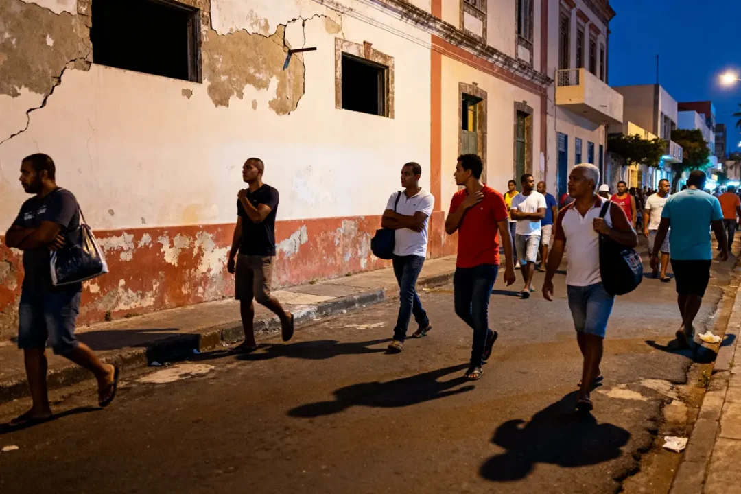 Des gens marchent dans une rue délabrée suscitant un avis négatif sur le Cap-Vert