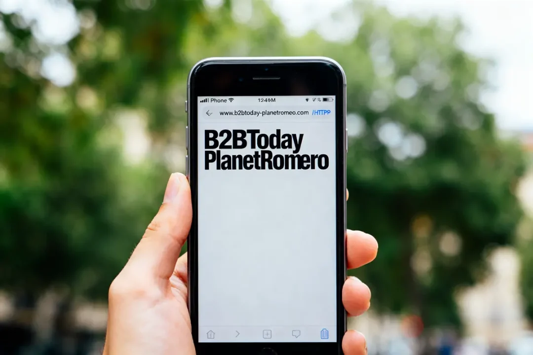 Smartphone affichant l'écran de connexion B2BToday PlanetRomeo login en extérieur verdoyant