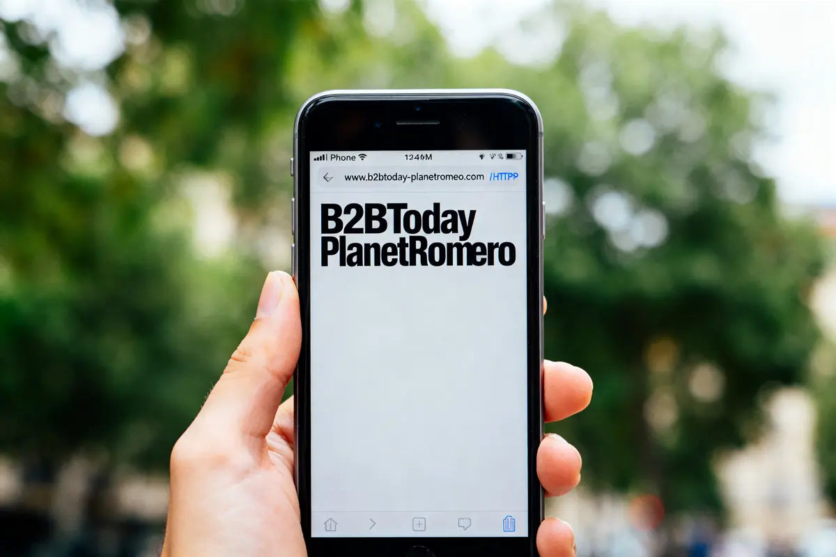 Smartphone affichant l'écran de connexion B2BToday PlanetRomeo login en extérieur verdoyant