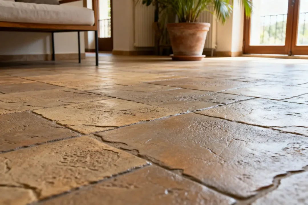 Carrelage effet béton imprimé prix au m2 avec plante et chaise en arrière-plan