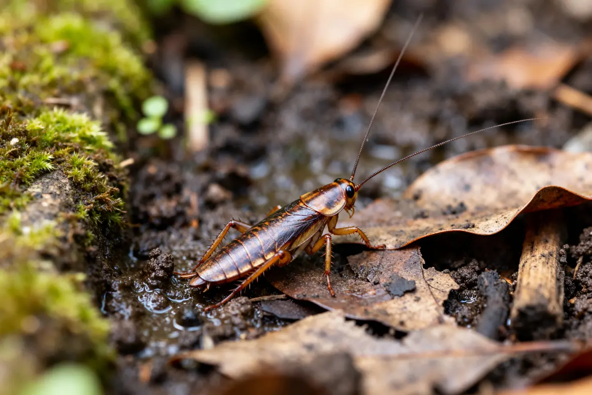 Blatte des jardins marchant sur des feuilles mortes et sol humide dans un jardin