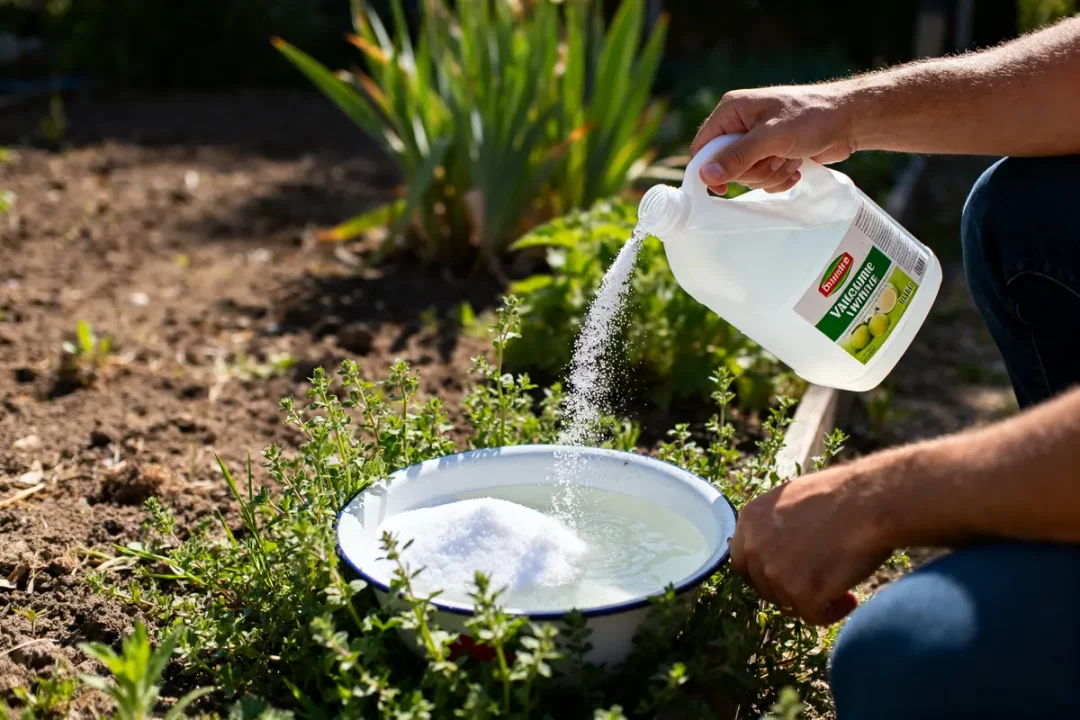 Préparation de désherbant naturel avec vinaigre pour le jardin à partir d'un bidon blanc