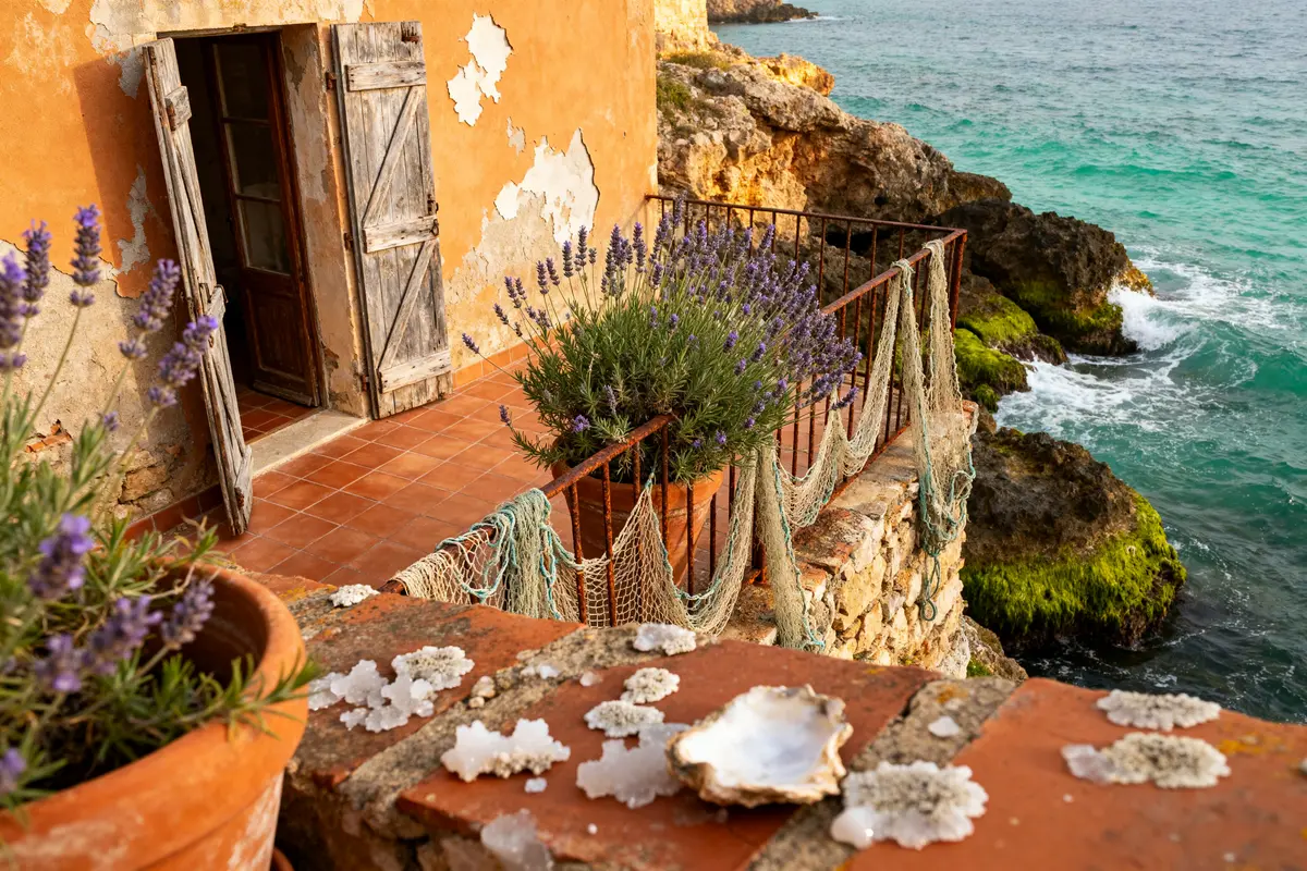 Maison méditerranéenne pittoresque surplombant la mer turquoise avec lavande, destination med parfaite