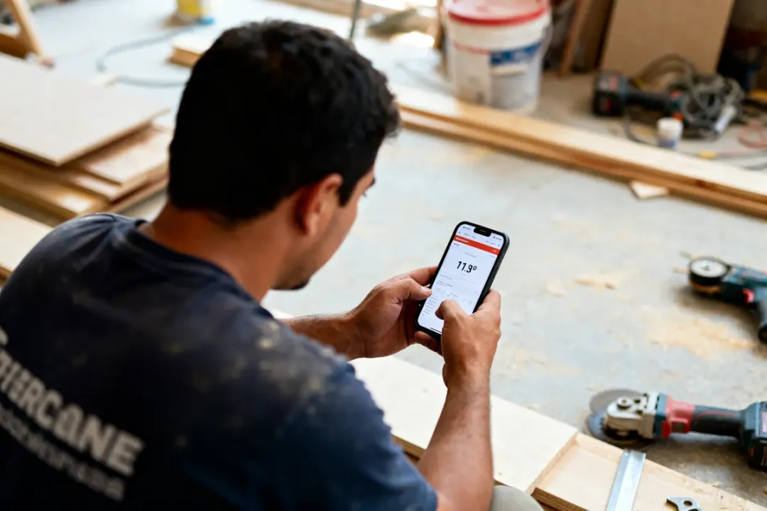 Homme vérifiant un devis de rénovation tousrenov.be sur son smartphone dans un atelier bois