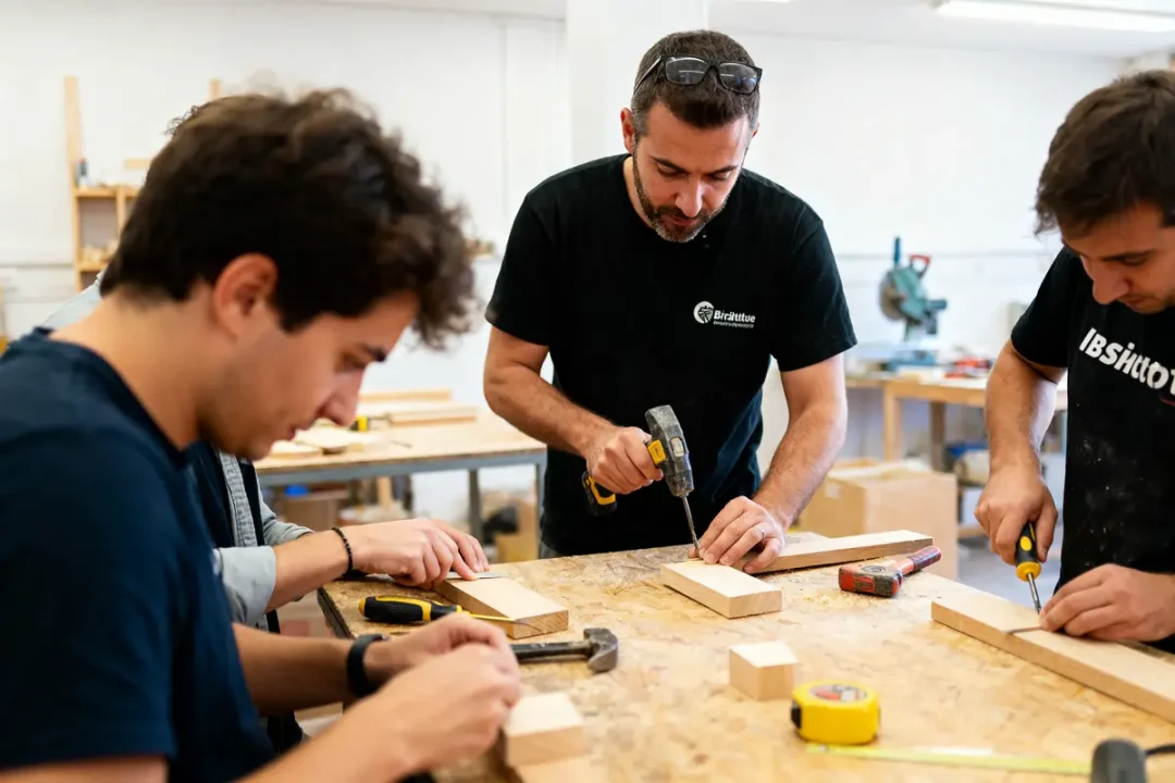 Atelier de formation bricolage institutdubricolage avec apprentis utilisant des outils sur bois.