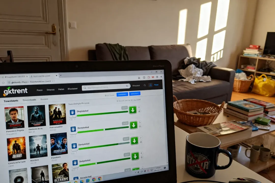 Ordinateur affichant le site gktorrent dans un salon avec canapé et table basse