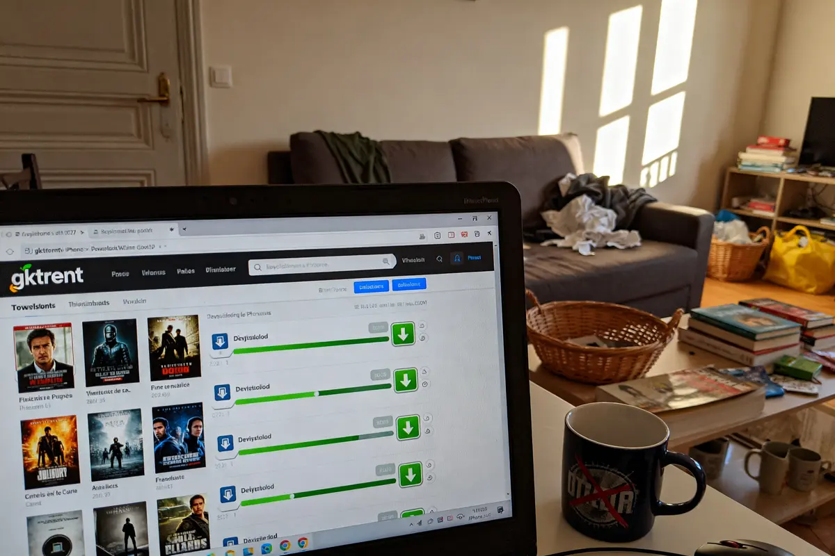 Ordinateur affichant le site gktorrent dans un salon avec canapé et table basse