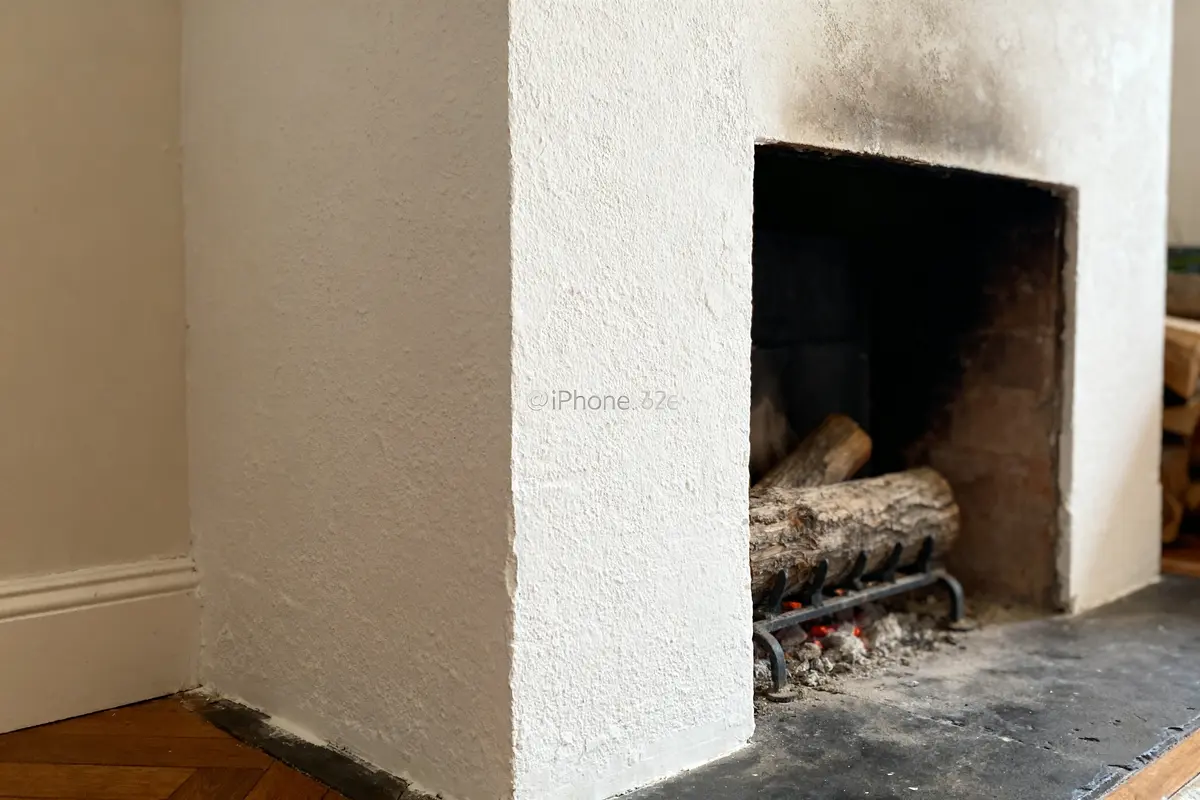 Habillage cheminée moderne avec poutres en bois et murs texturés élégants au salon