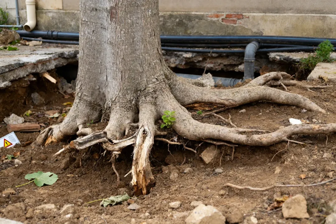 Racines de paulownia endommagent le sol, illustrant un inconvénient du paulownia en milieu urbain