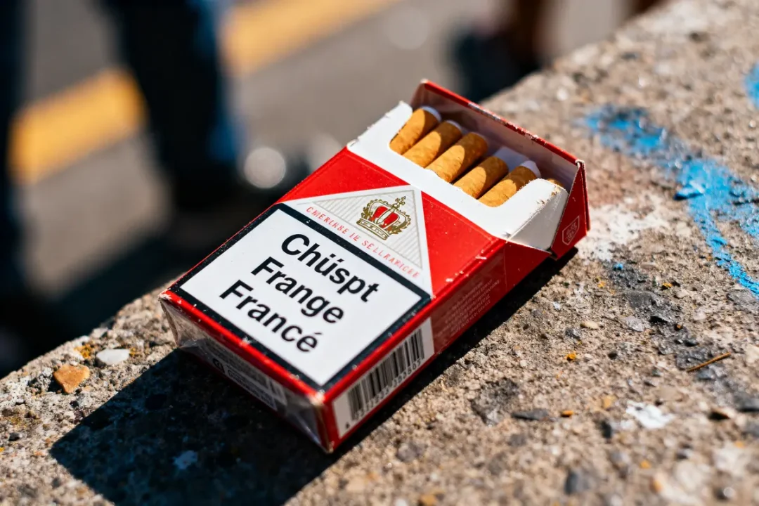 Paquet de cigarettes le moins cher rouge sur mur béton extérieur ensoleillé