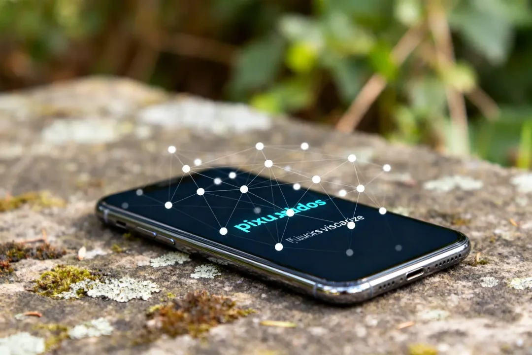 Smartphone sur pierre affichant réseau digital avec puixudosvisdacize en arrière-plan nature