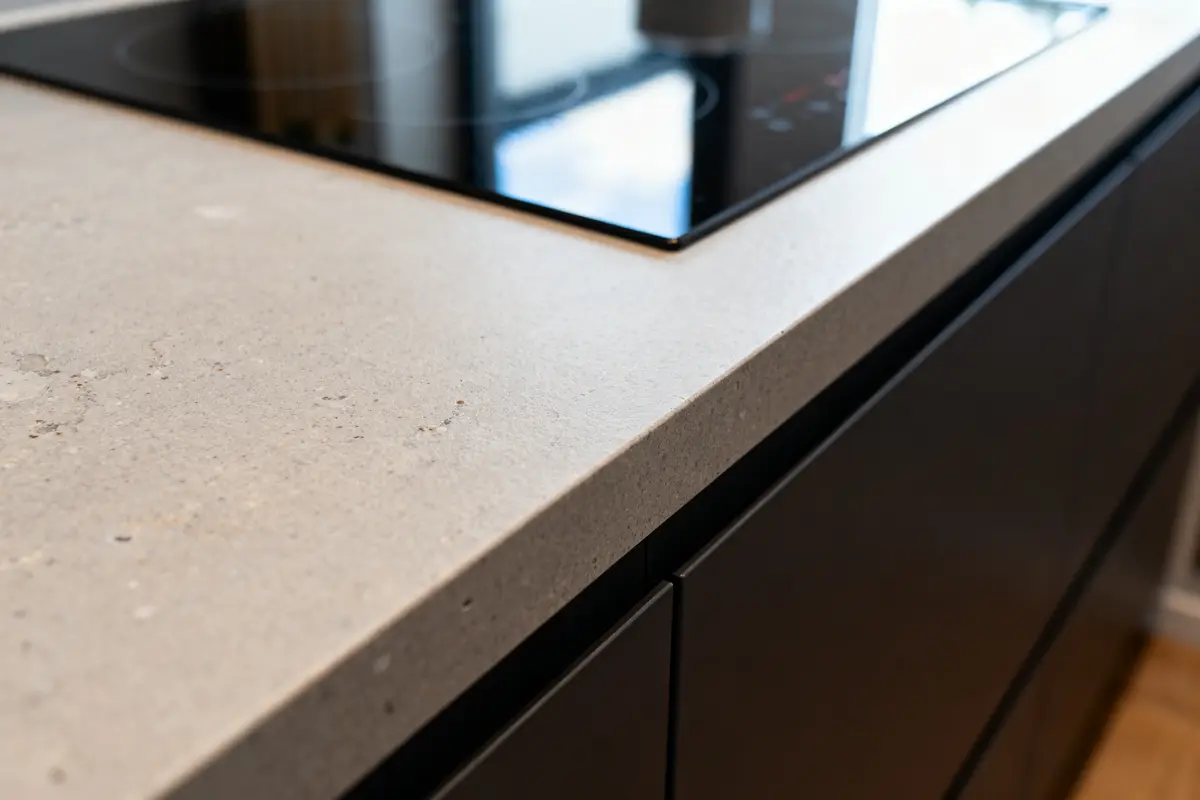 Plan de travail cuisine en Dekton avec plaque de cuisson intégrée moderne et élégante