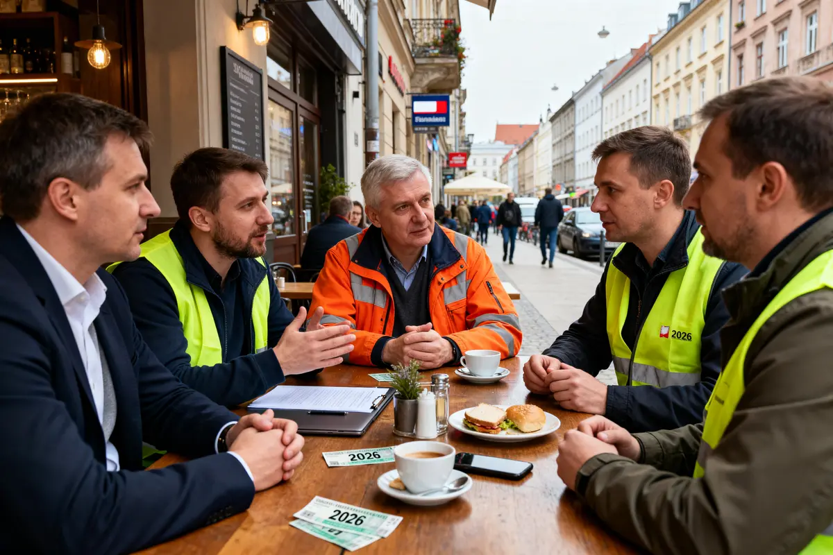 Réunion de travailleurs discutant du smic en Pologne dans un café en plein air