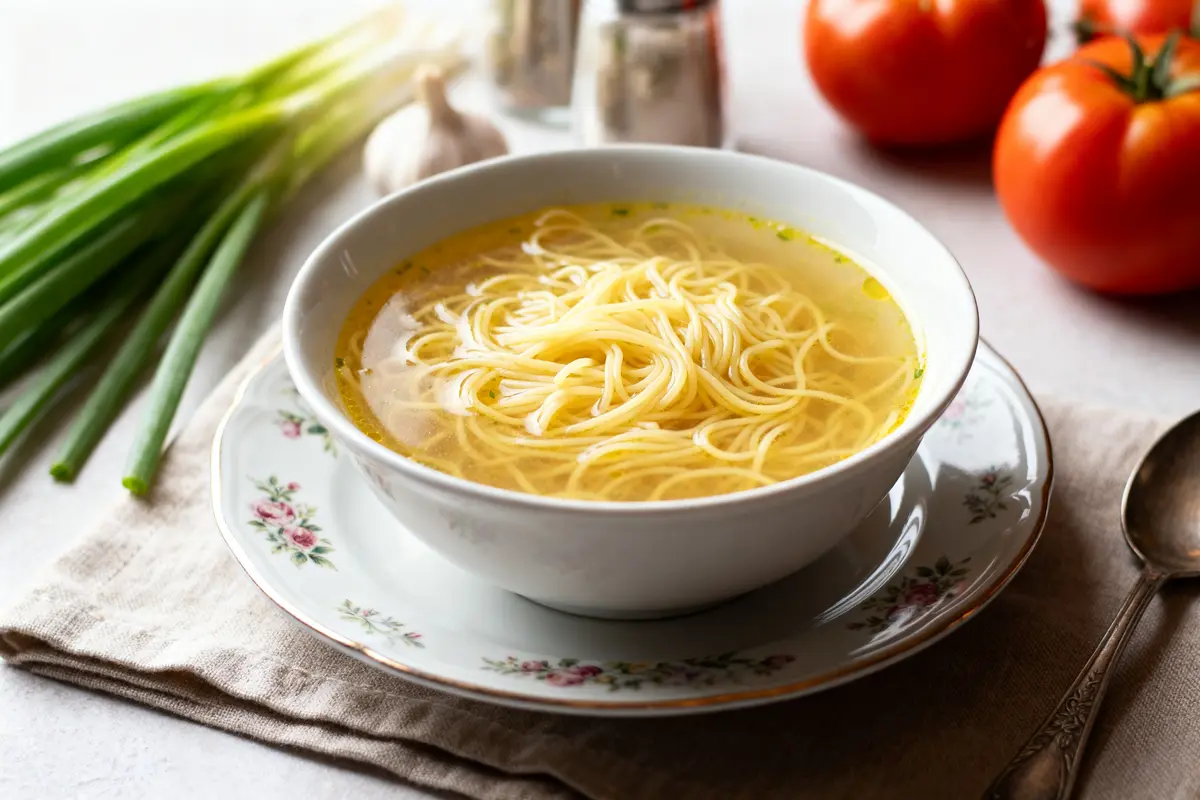 Bol de soupe au vermicelle de grand-mère avec légumes frais et épices visibles