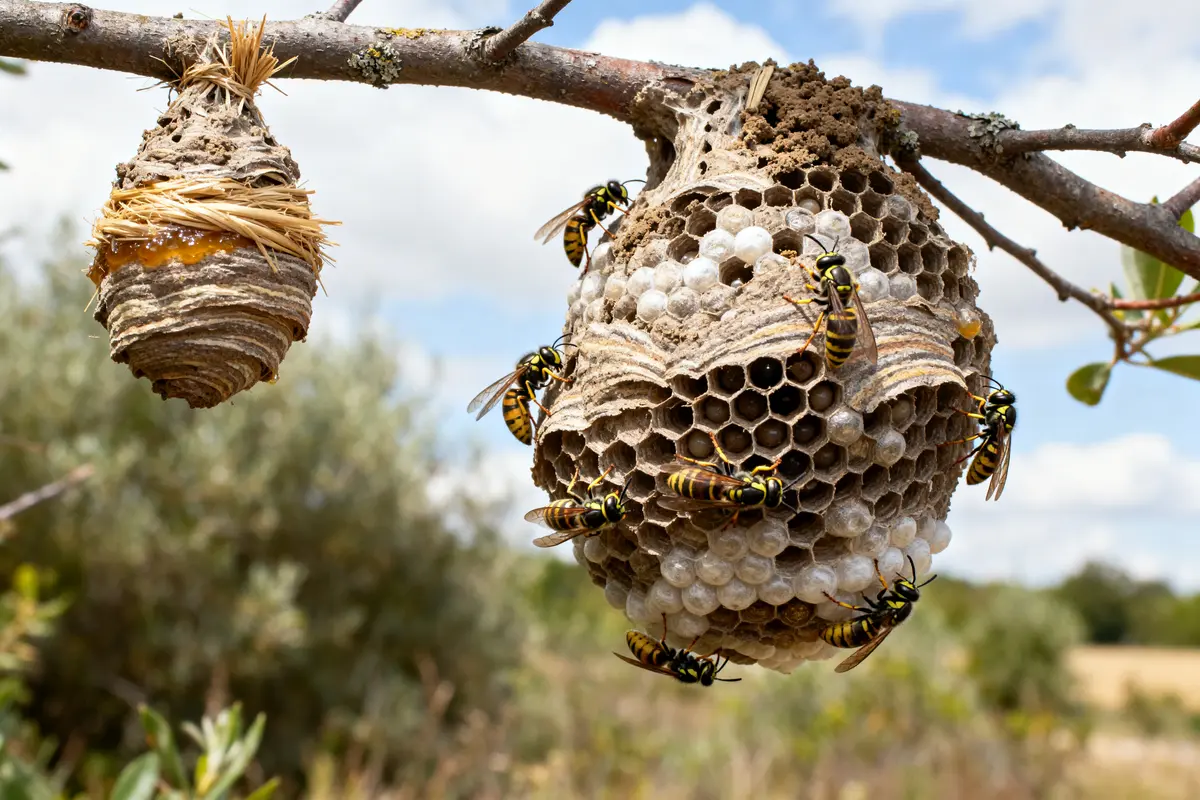 Frelons construisant activement un nid sur branche, illustrant le temps de construction d'un nid de frelon