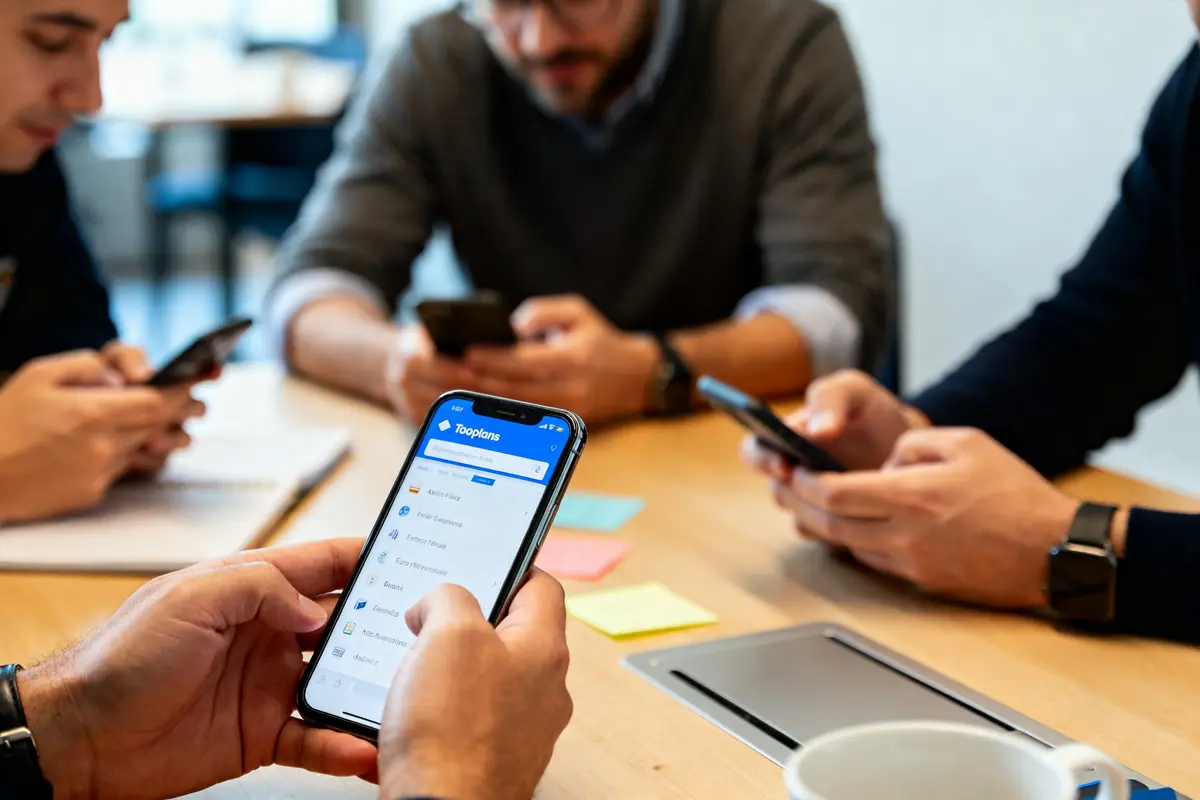 Hommes utilisant l'application Tooplans sur smartphones pendant une réunion de travail collaborative