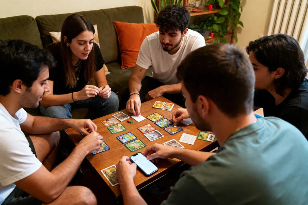 Jeune groupe jouant à un jeu de société amusant, trucs à faire entre potes à la maison