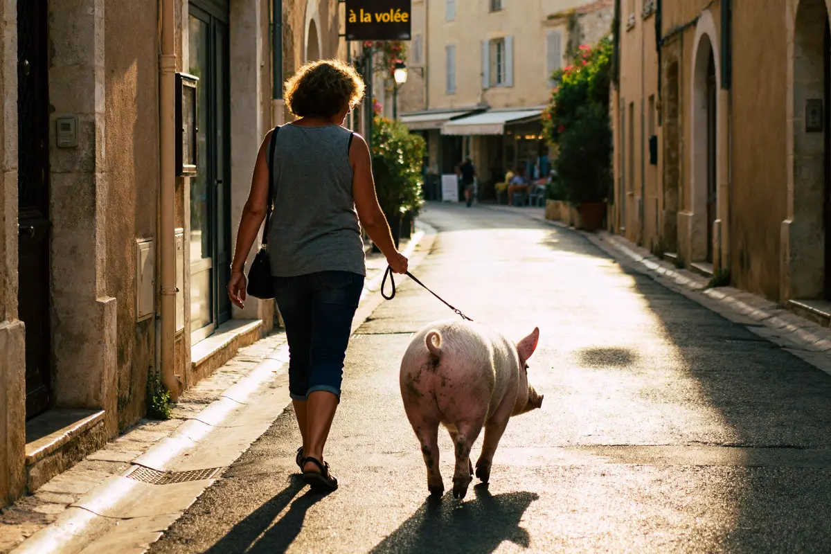 Femme promenant un cochon en laisse dans une rue pittoresque tu sais que tu viens d'Antibes