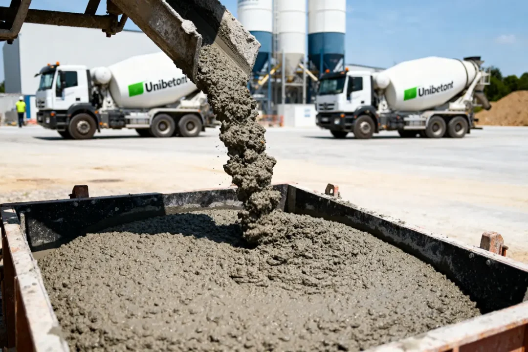 Camion Unibéton déversant du béton frais sur un chantier de construction extérieur