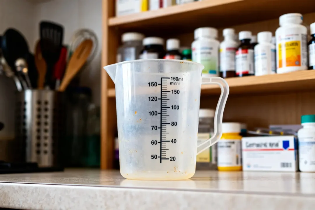 Verre mesureur plastic transparent 150 milliliters sur comptoir cuisine avec étagère médicaments