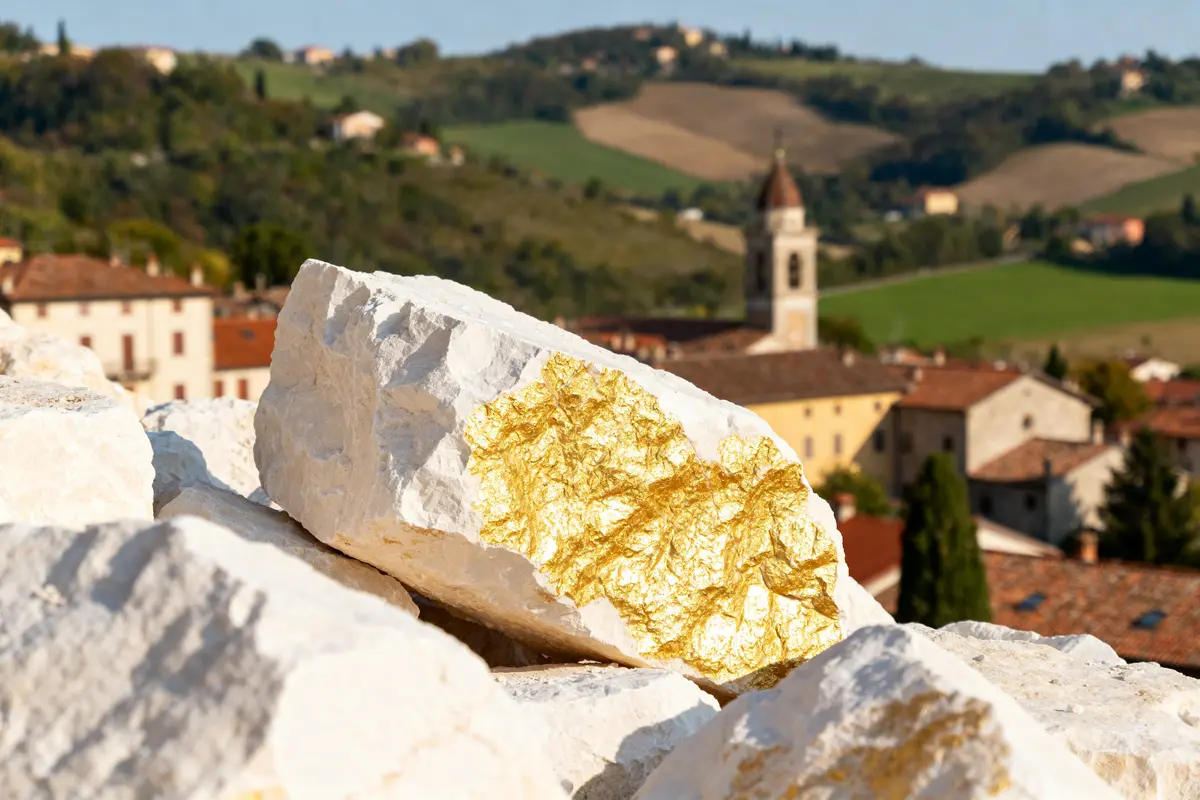 Roches dorées Pietra d'Alba avec village italien en arrière-plan et campagne verdoyante