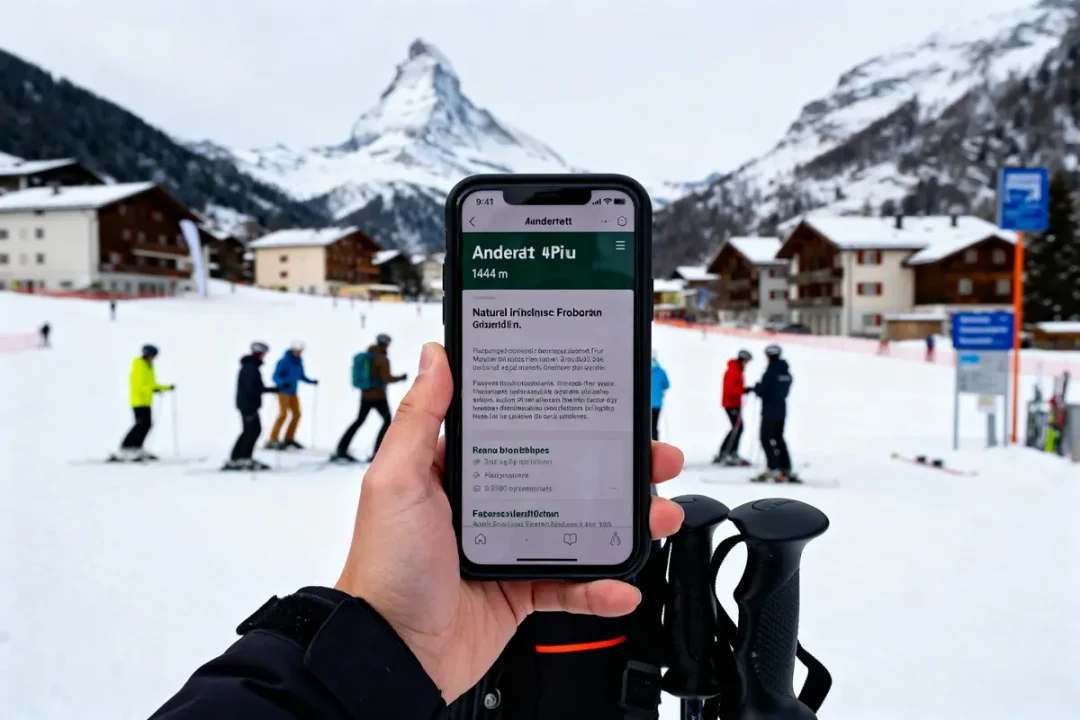 Smartphone affichant une page web, skieurs en arrière-plan à Andermatt Uri ski station