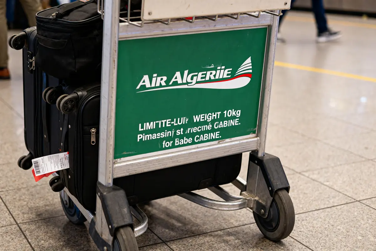 Chariot à bagage Air Algérie avec valises noires à l'aéroport
