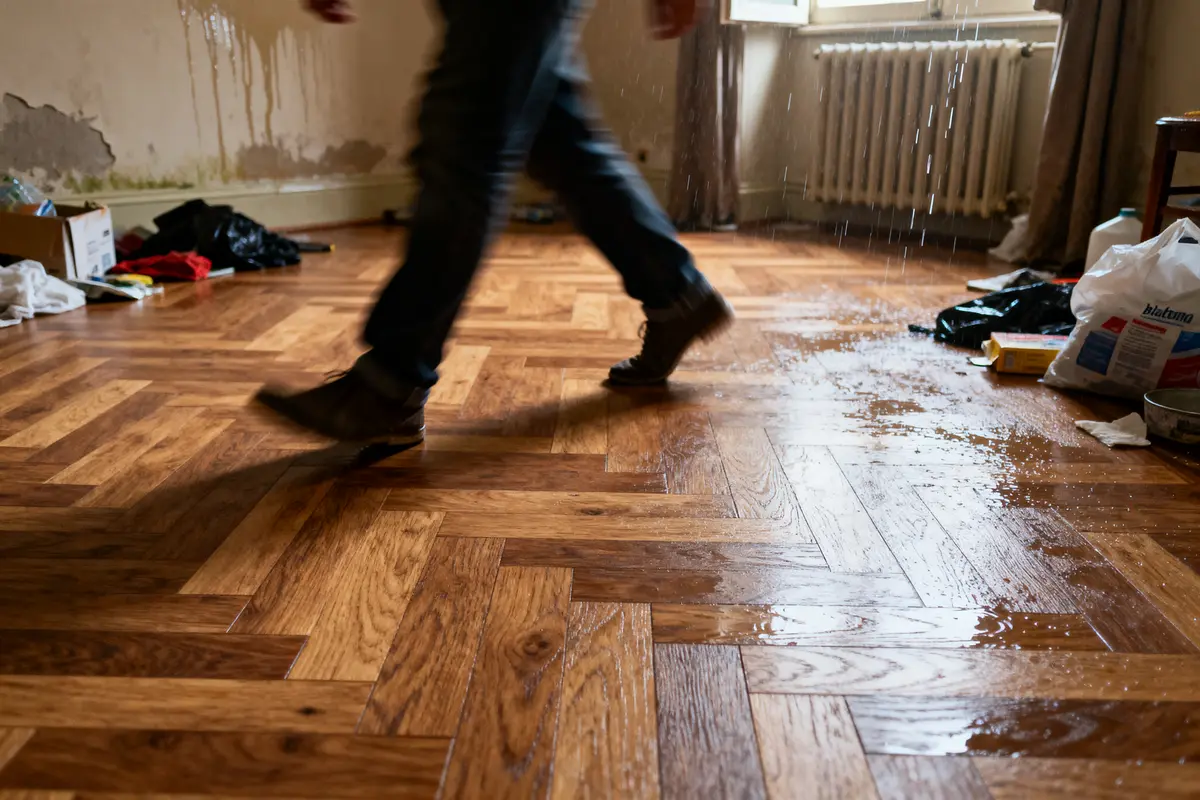 Personne marchant sur le balatome imitation parquet humide dans une pièce en désordre