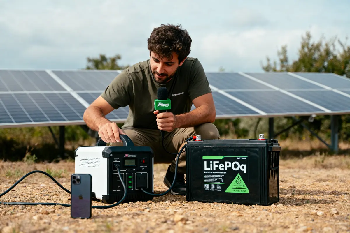 Homme décrivant batterie et panneau solaire pour blog WKS en extérieur