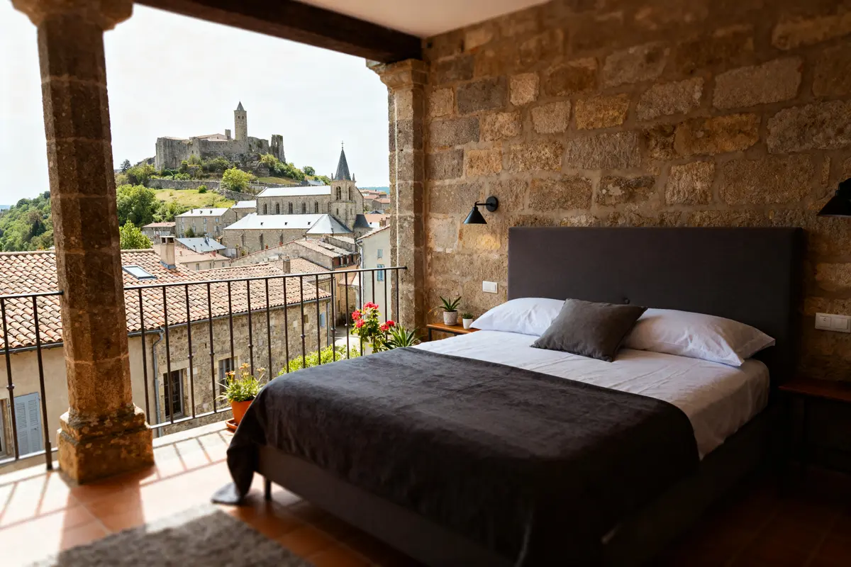 Vue panoramique d'une chambre d’hôte Le Puy-en-Velay avec château médiéval en arrière-plan
