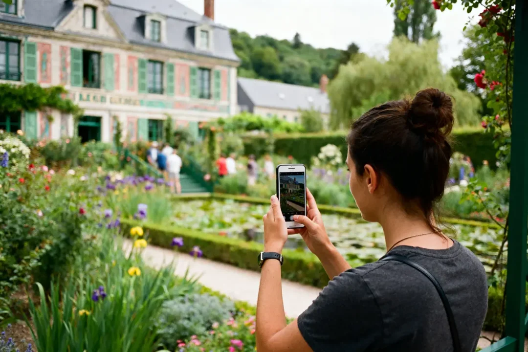 Visiteuse photographiant les jardins de Giverny fleuris combien de temps pour visiter Giverny