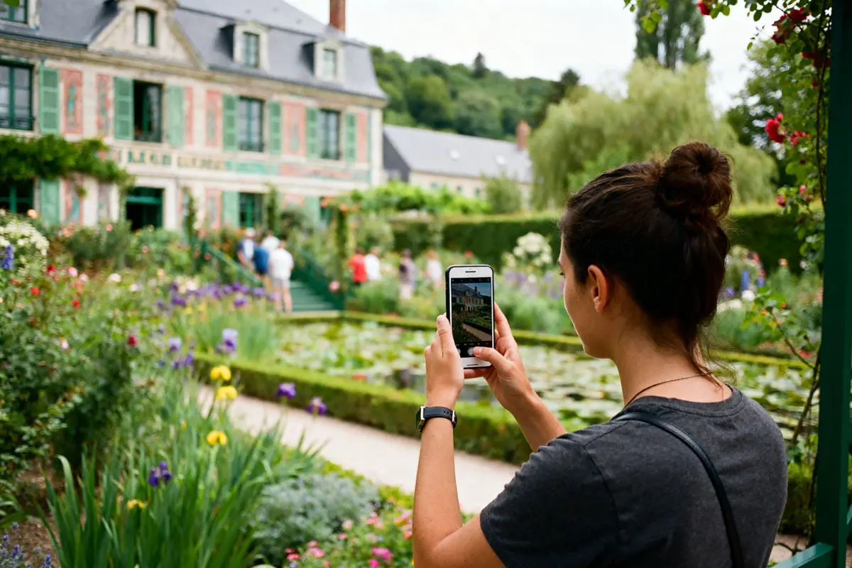 Visiteuse photographiant les jardins de Giverny fleuris combien de temps pour visiter Giverny