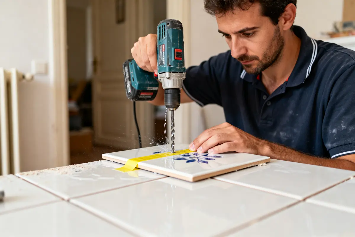 Un homme utilise une perceuse pour montrer comment percer un carrelage efficacement
