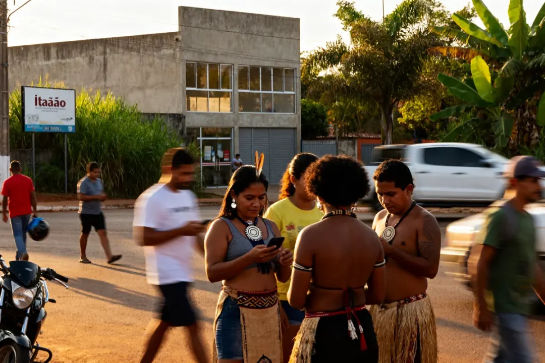 Groupe en tenue traditionnelle utilisant des smartphones devant le bâtiment itaò lors d'un rassemblement.