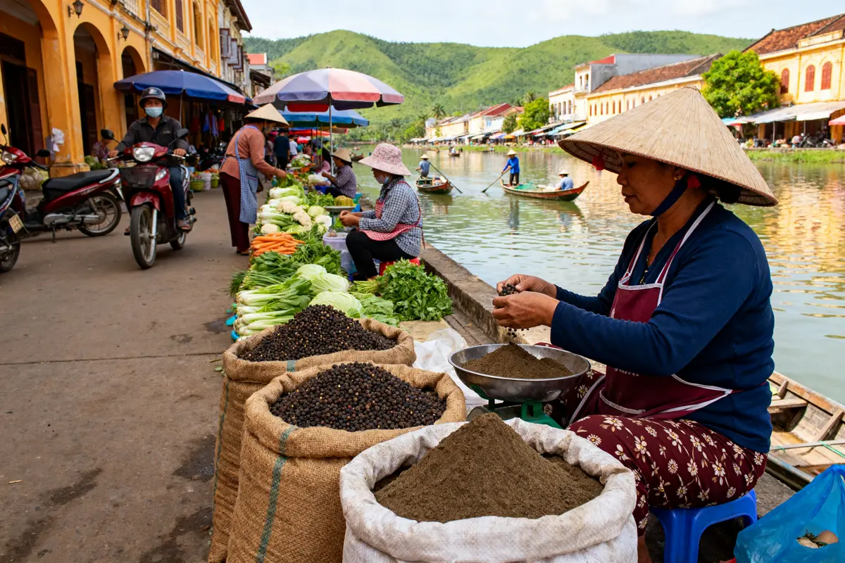 Marché animé à Krong Kampot avec légumes, poivre et vendeuses en chapeau traditionnel