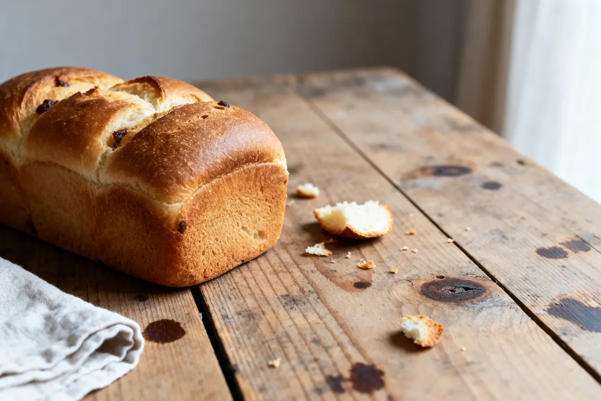 Pain brioché sur table en bois avec miettes les pompeu et serviette en lin écrue