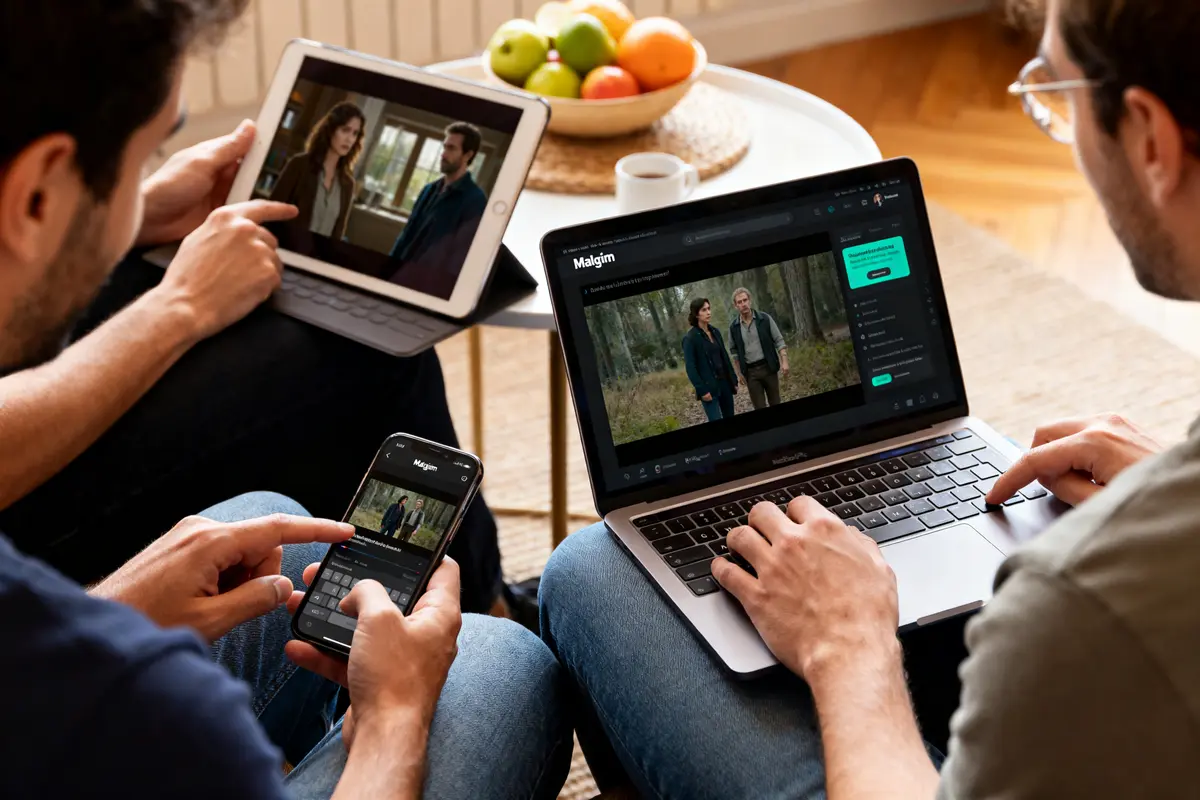Personnes regardant séries Malgrim sur tablette, téléphone et ordinateur portable, fruits à proximité