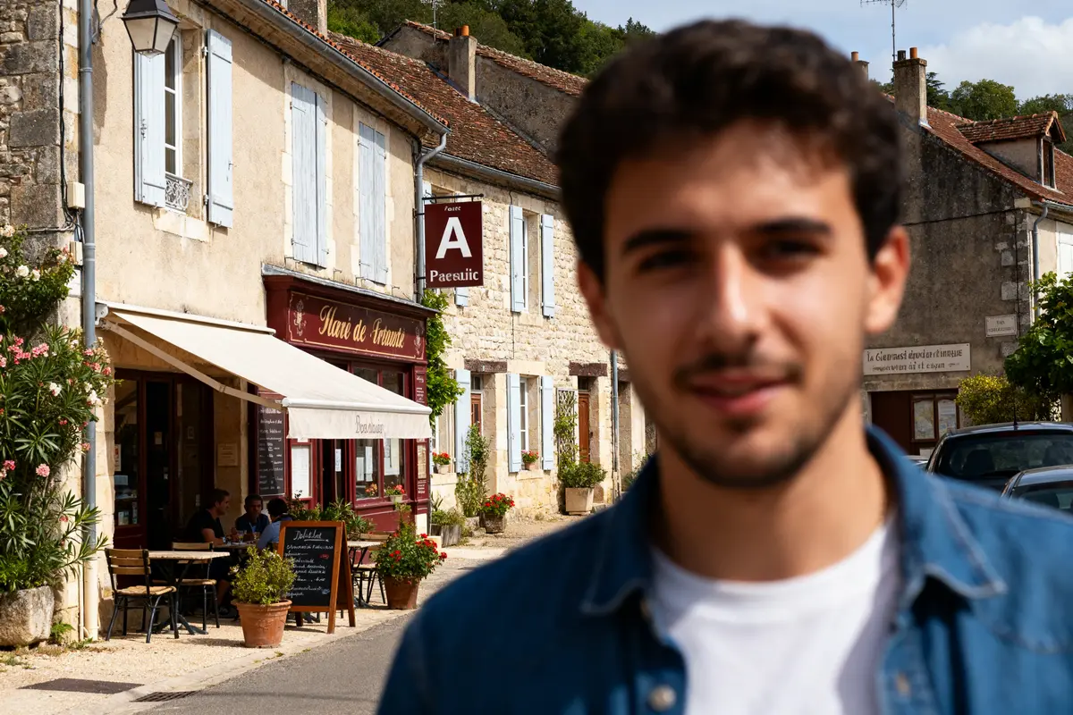Jeune homme souriant devant rue pittoresque de pays en a avec café et façades anciennes