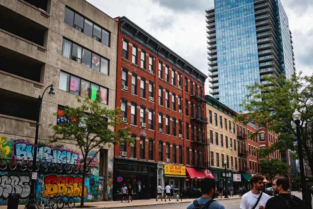 Rue animée avec bâtiments historiques et modernes dans le quartier Chicago près de magasins et cafés