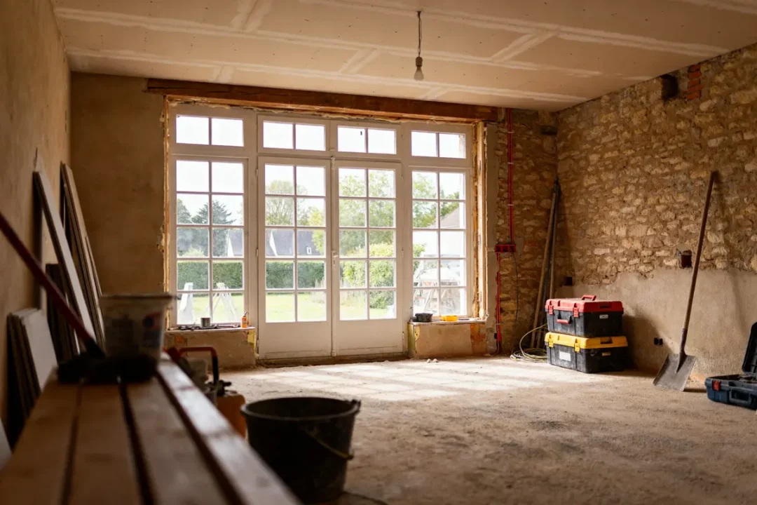 Pièce en rénovation avec outils et fenêtres lumineuses pour projet tousrenov