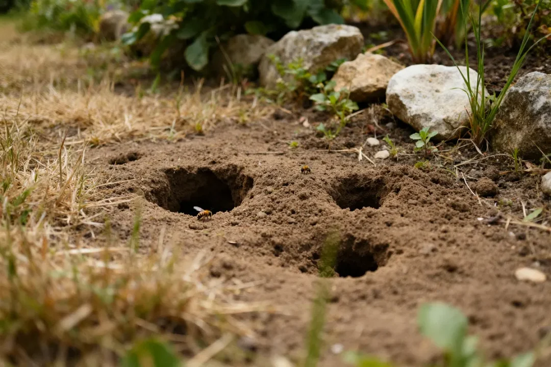 Abeilles près de trous dans le jardin sans monticule entourés de pierres et herbes