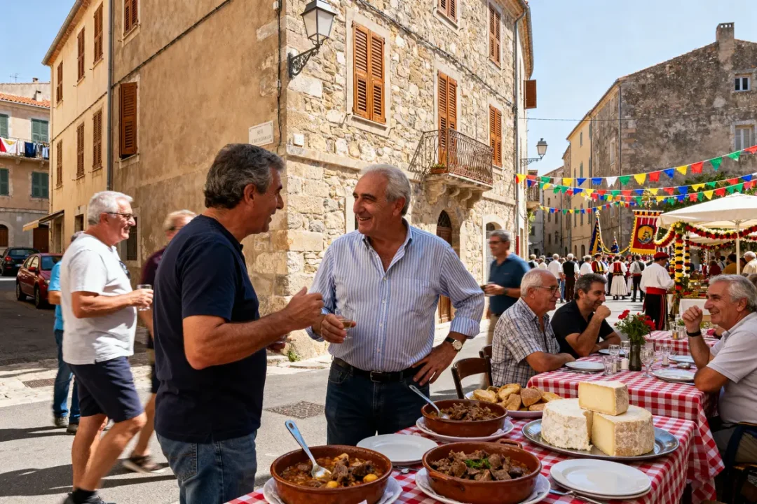 Scène de fête à Sartene dégustant des plats corses tu sais que tu viens de Sartene