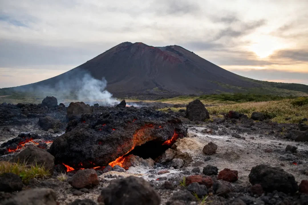 Vue spectaculaire du volcan jap Hokkaido avec coulée de lave et fumée à l'avant-plan