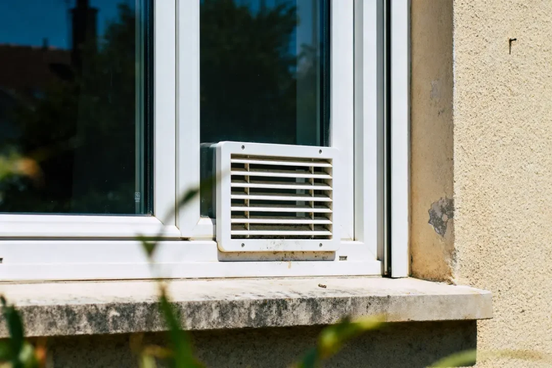 Ventilation blanche installée sur une fenêtre en PVC, mur beige en arrière-plan, extérieur ensoleillé.