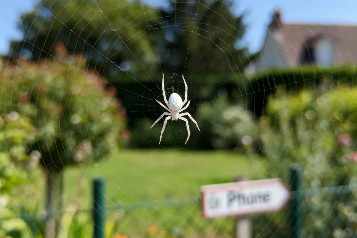 Une araignée blanche posée sur sa toile, fond de jardin flou.